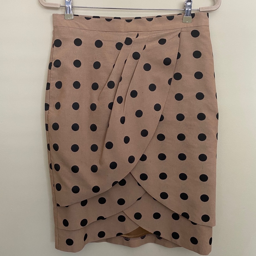 Eva Franco Anthropologie | Petal Coco Polka Dot Tan/Black Lined Pencil Skirt - 6
